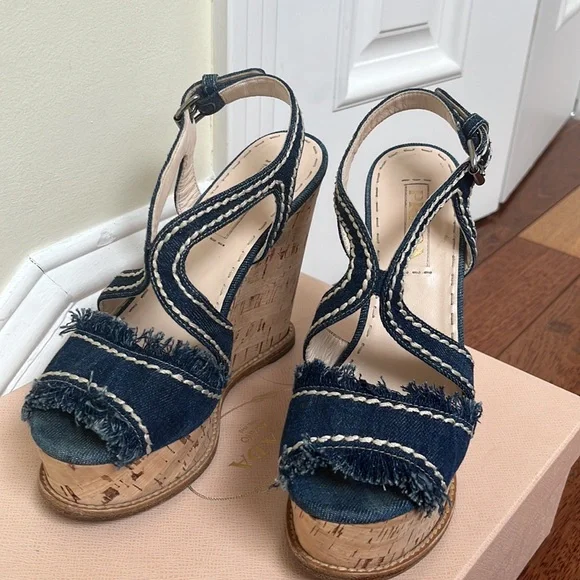 Prada | Denim Fringe Cork Wedges Size 37 Blue White Stitched - Picture 3 of 12